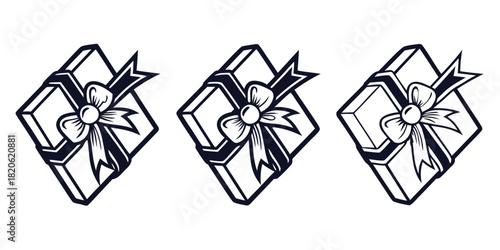 Three identical gift boxes are presented in a row with ribbons and bows.