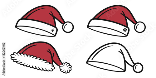 Four different styles of Santa Claus hats are displayed on a white background.