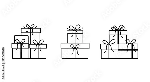 Delightful minimalist line art of stacked gift boxes with charming bows for festive occasions and celebrating loved ones with thoughtfulness