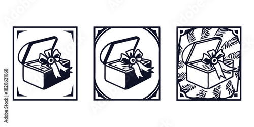 Three stylized illustrations of an open gift box with a bow are shown in different decorative frames.