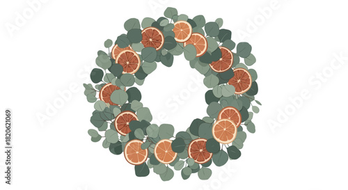 Elegant wreath with dried orange slices and eucalyptus branches for a warm, natural, and festive touch to your holiday designs