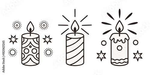 Three line art candles with festive starbursts and patterns are depicted.
