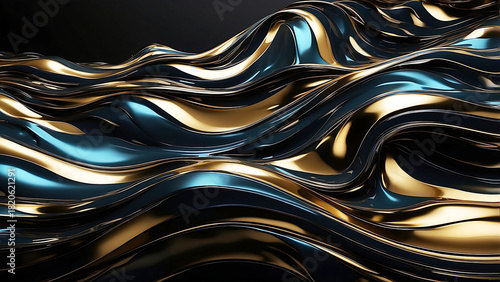 Fototapeta Naklejka Na Ścianę i Meble -  Undulating metallic waves with glossy reflections and gold-blue highlights—evoking fluid motion, futuristic elegance, and the dynamic beauty of abstract digital design.