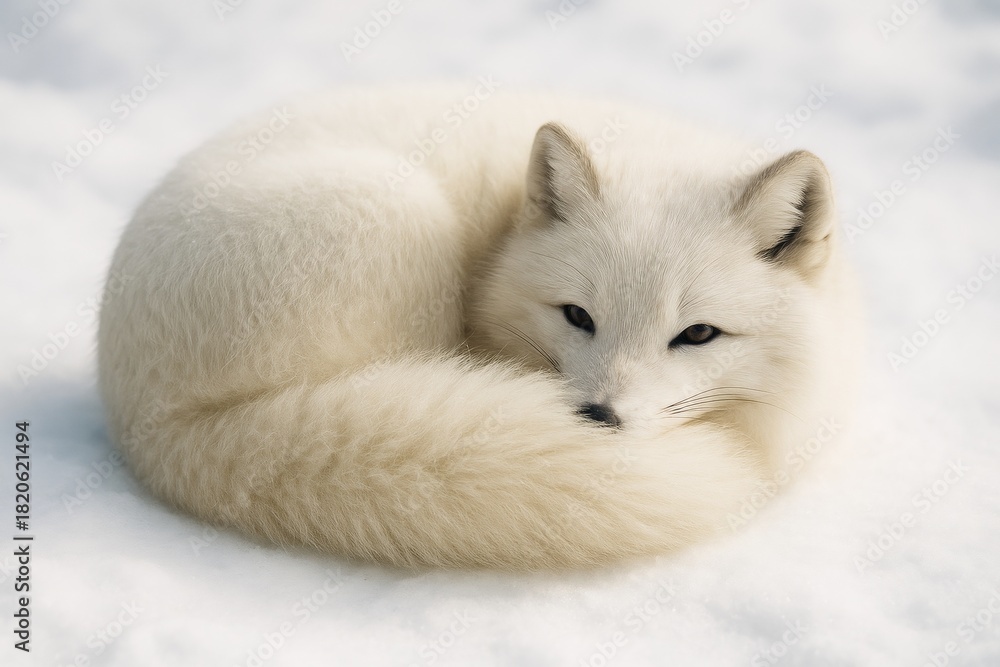 Obraz premium Arctic fox curled up on snowy ground with soft white fur and calm expression, minimalist winter background and natural light tones. Ai generative