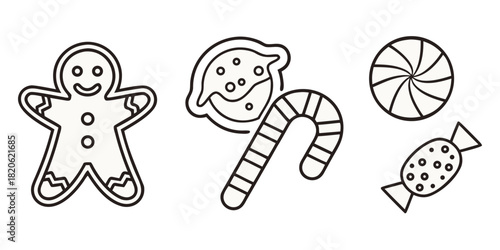 A gingerbread man, candy cane, swirl lollipop, and wrapped candy are shown in outline.