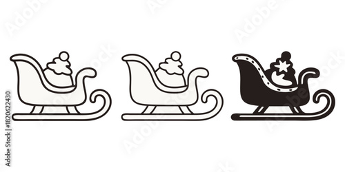 Three stylized sleighs, two outlined and one silhouette, are depicted side by side.
