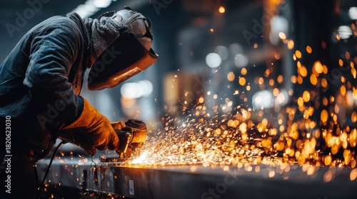 Welder working on metal sparks flying with protective gear indoors