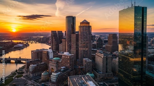 Boston city skyline at sunset with charles river and modern skyscrapers