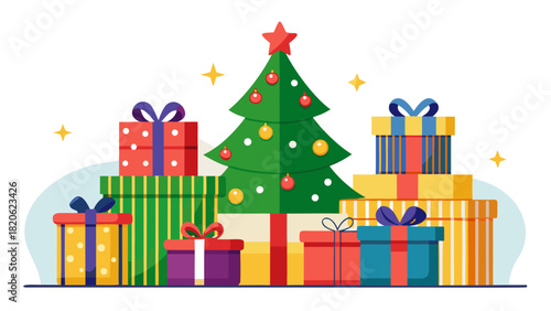 Christmas tree surrounded by colorful wrapped presents and stars