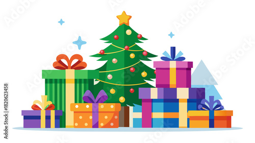 A festive christmas tree surrounded by colorful gift boxes