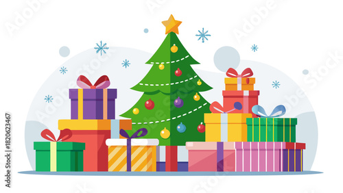 Festive christmas tree surrounded by colorful gift boxes and snowflakes