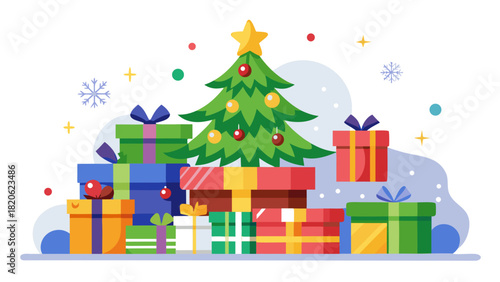 Christmas tree surrounded by colorful gift boxes and festive decorations