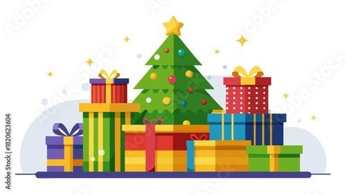 Festive christmas tree surrounded by colorful gift boxes and stars