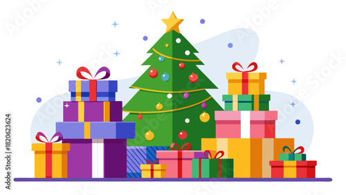 Christmas tree surrounded by colorful wrapped presents and decorations