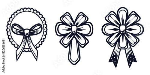 Three decorative bows are displayed in a line on a white background.
