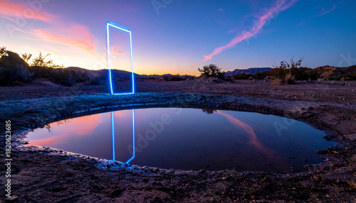 Neon portal reflected in a desert pool at sunset