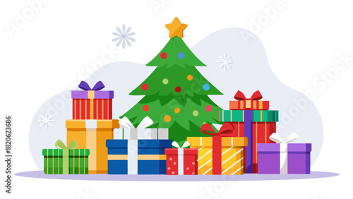 Festive christmas tree surrounded by colorful gift boxes and snowflakes