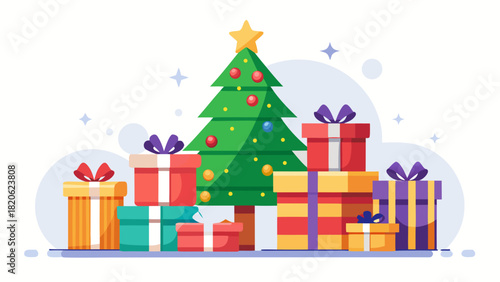 Festive christmas tree surrounded by colorful gift boxes