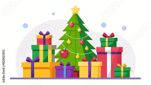 Festive christmas tree surrounded by colorful gifts and decorations