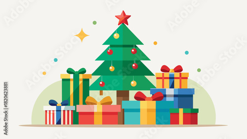 Festive christmas tree surrounded by colorful gift boxes and decorations