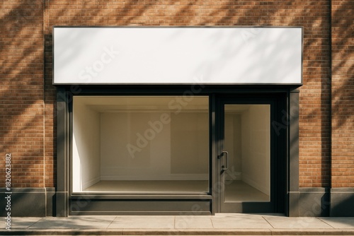 Empty modern storefront with large glass window and blank sign on red brick wall under natural light, minimal architecture concept background. Ai generative