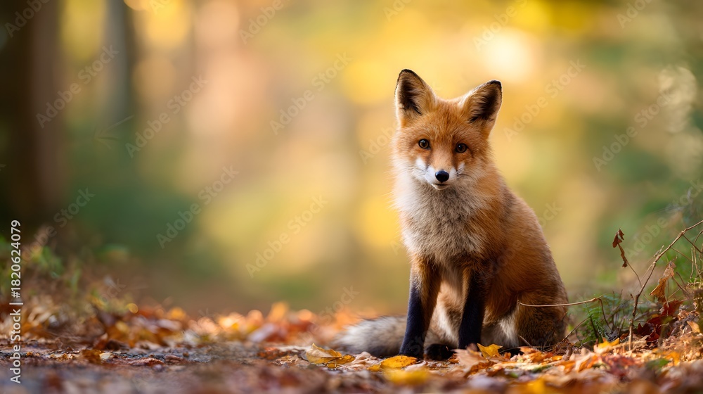 Obraz premium Charming fox portrait amidst vibrant autumn leaves a serene wildlife moment of gentle beauty