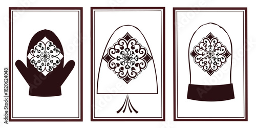 Three framed illustrations depict winter clothing items with decorative patterns.