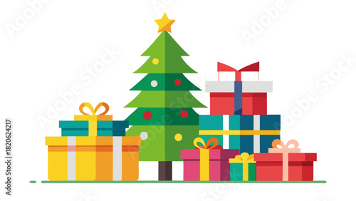 Festive christmas tree surrounded by colorful gift boxes