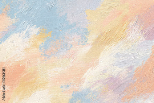 Abstract background with soft pastel brush strokes and textured paint effect. Hues of blue, pink, and yellow create an artistic, dreamy backdrop