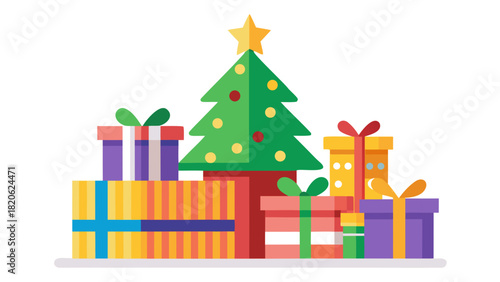 Festive christmas tree surrounded by colorful gift boxes