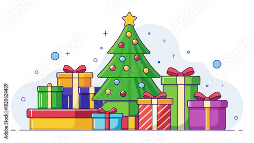 Festive christmas tree surrounded by colorful wrapped gifts