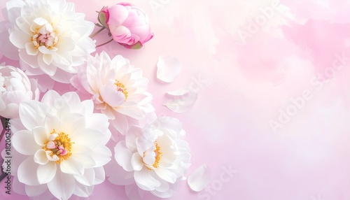 Elegant Floral Composition Delicate White and Pink Blooms on a Soft, Pastel Background