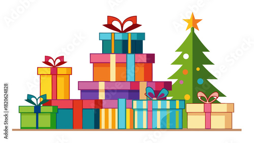 Colorful christmas presents stacked next to a decorated tree