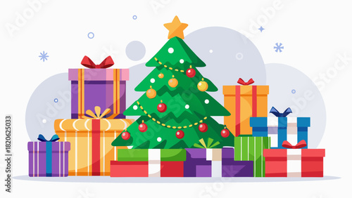 Festive christmas tree surrounded by colorful gift boxes and snowflakes