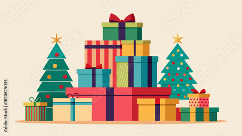 A pile of colorful christmas gifts next to decorated trees