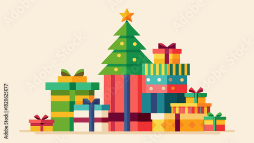 Festive christmas tree surrounded by colorful gift boxes