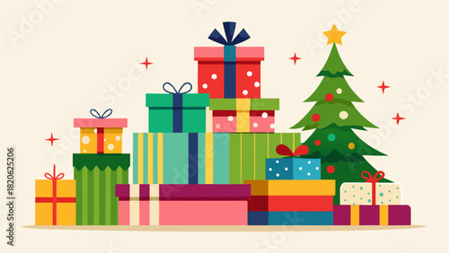 A pile of colorful christmas presents next to a decorated tree