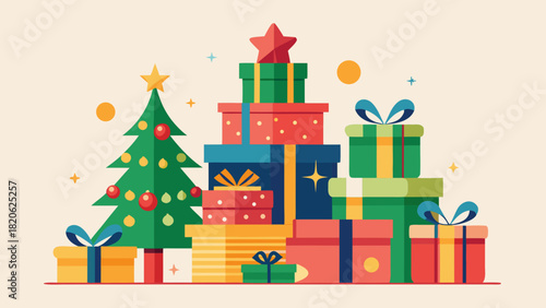 Festive christmas tree surrounded by colorful gift boxes