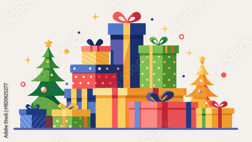 Colorful stack of christmas presents and festive trees