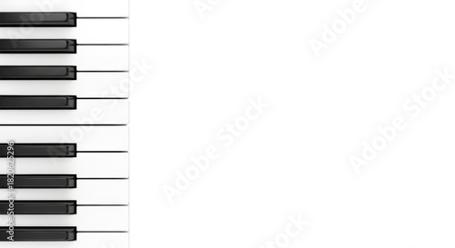 A precise close-up of classic black and white piano keys, pristine ivory-white and smooth matte black, vertically aligned on a transparent background with copy space, concept of musical fundamentals