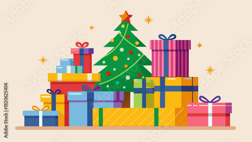 Festive christmas tree surrounded by colorful gift boxes