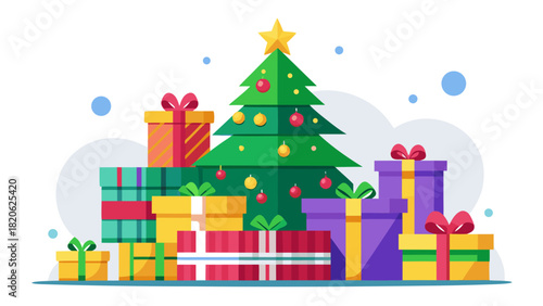 Festive christmas tree surrounded by colorful gift boxes
