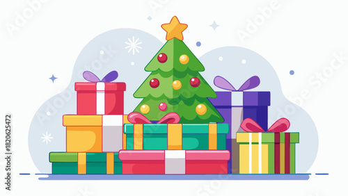 Festive christmas tree surrounded by colorful gift boxes and snowflakes