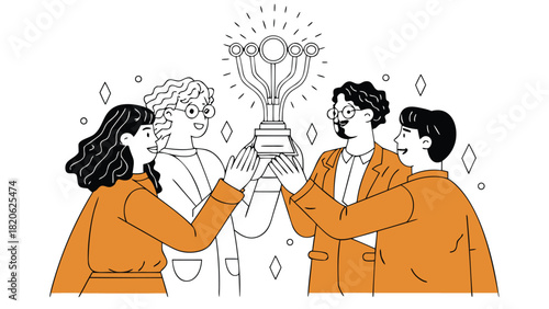 Scientists celebrating a futuristic achievement receiving a glowing neon hologram trophy symbolizing innovation and scientific discovery in a modern digital art style