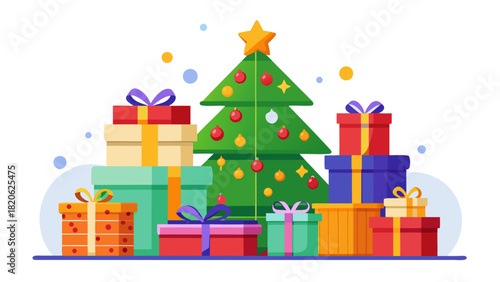 Festive christmas tree surrounded by colorful gift boxes