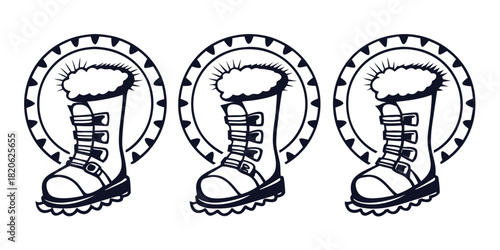 Three identical winter boots are displayed side by side with decorative circular frames.