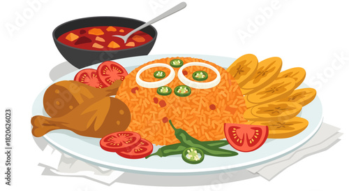 This colorful illustration depicts a mound of spicy Jollof rice garnished with peppers and onions, surrounded by fried chicken, golden plantains, and tomatoes, with a side bowl of chunky red soup.