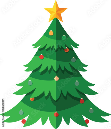 Festive Pine: A vibrantly illustrated pine tree is adorned with ornaments and a star, capturing the holiday spirit with cheer.