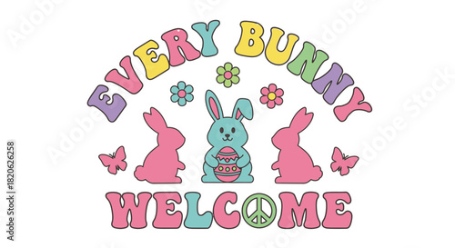 Every bunny welcome with colorful Easter decorations and a peace sign.