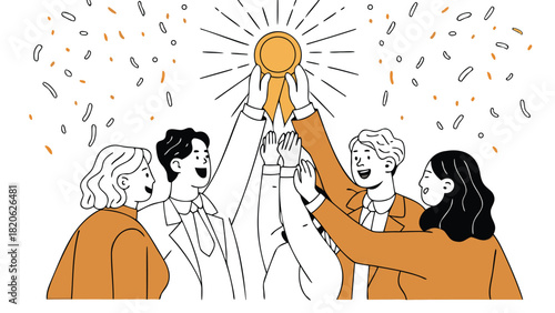 Diverse team of professionals collaborating and lifting a glowing golden trophy symbolizing success achievement and teamwork in a business or corporate setting